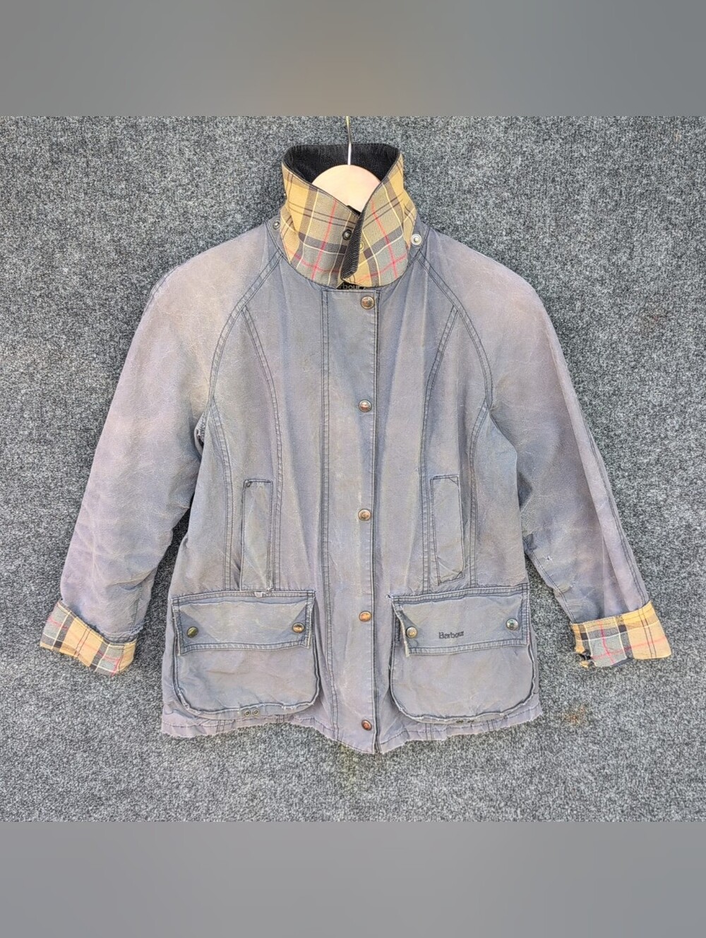 Barbour Beadnell Jacket Size 6 Gray Wax Tartan Plaid Corduroy Collar Faded Work